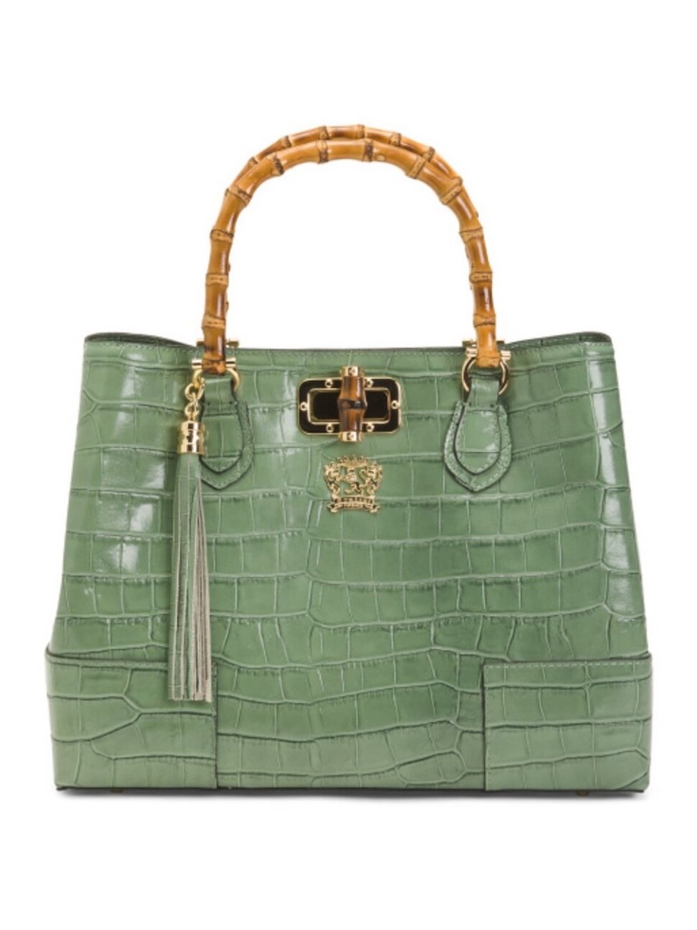 PRATESI Made In Italy Patent Leather Croc Triple Entry Bamboo Handle Satchel
